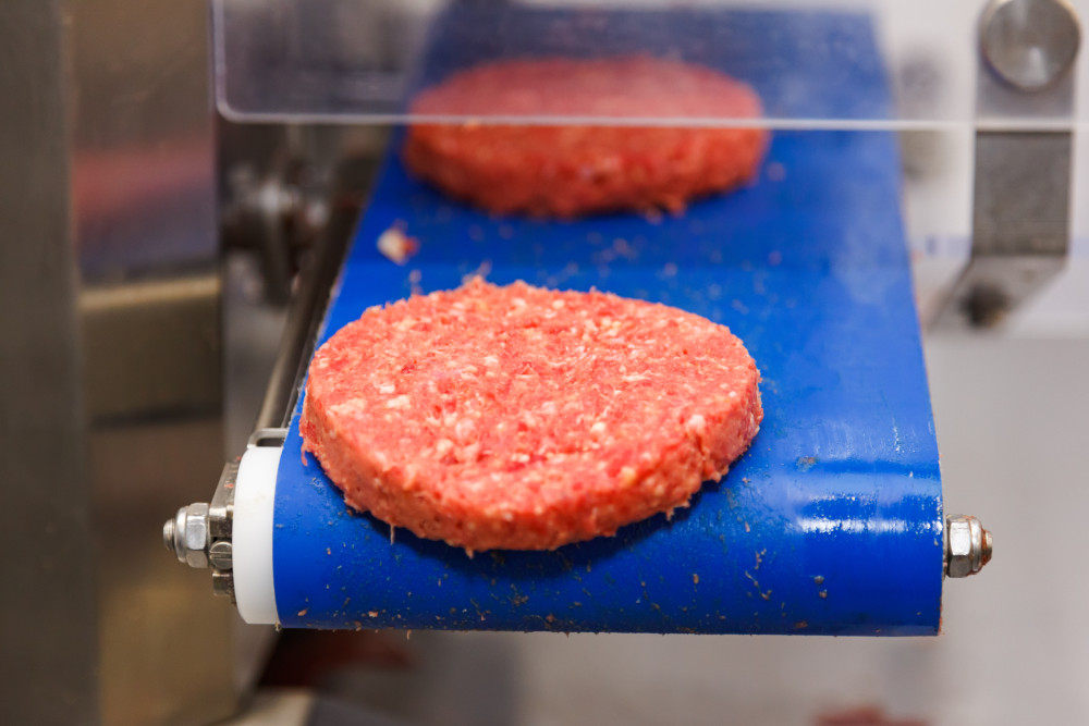 Hamburger,Meat,On,Conveyor,Belt,,Meat,Production